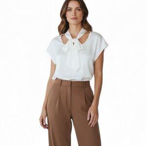 New Nine West Satin Tie Detail Flutter Sleeve V-Neck Ivory Blouse Soft Office S